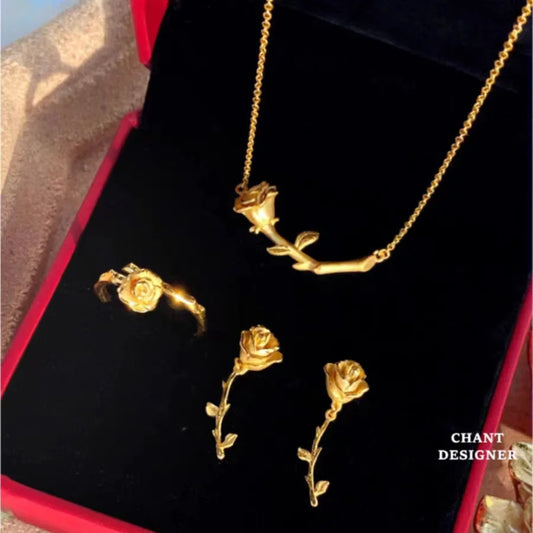 24K Pure Gold Rose Jewelry Set for Women